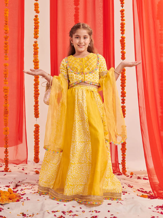 Girls Yellow Printed Cotton Lehenga & Choli With Dupatta