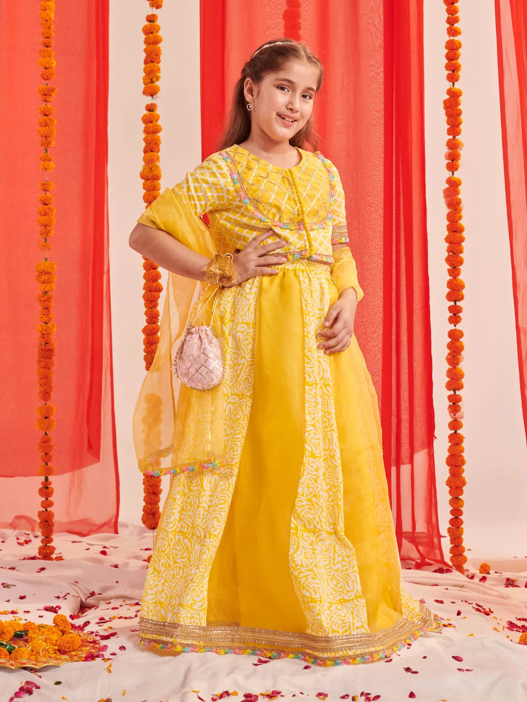 Girls Yellow Printed Cotton Lehenga & Choli With Dupatta