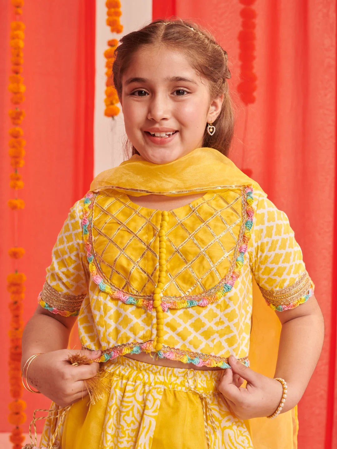 Girls Yellow Printed Cotton Lehenga & Choli With Dupatta