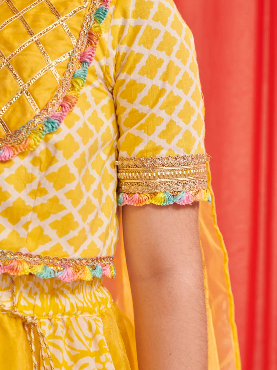 Girls Yellow Printed Cotton Lehenga & Choli With Dupatta