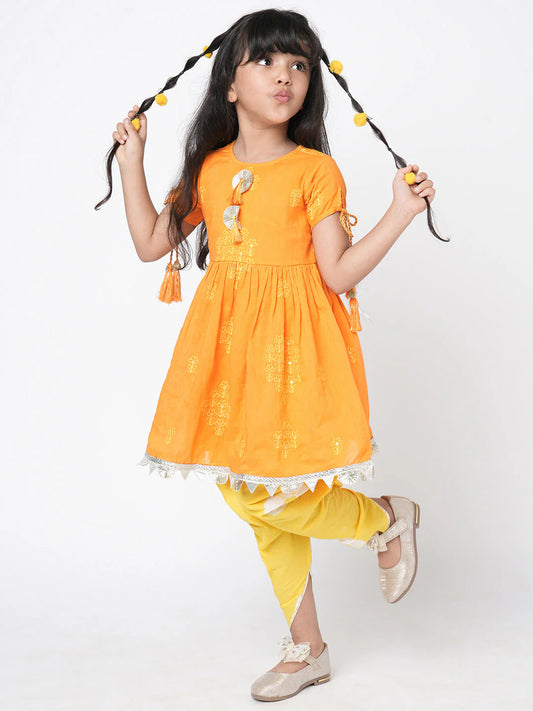 Girl - Yellow Cotton Kurta with Dhoti