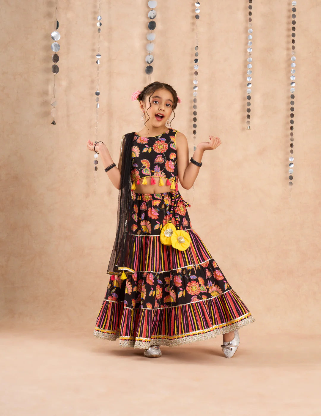 Girl- Black Floral Print Lehanga Choli with Dupatta