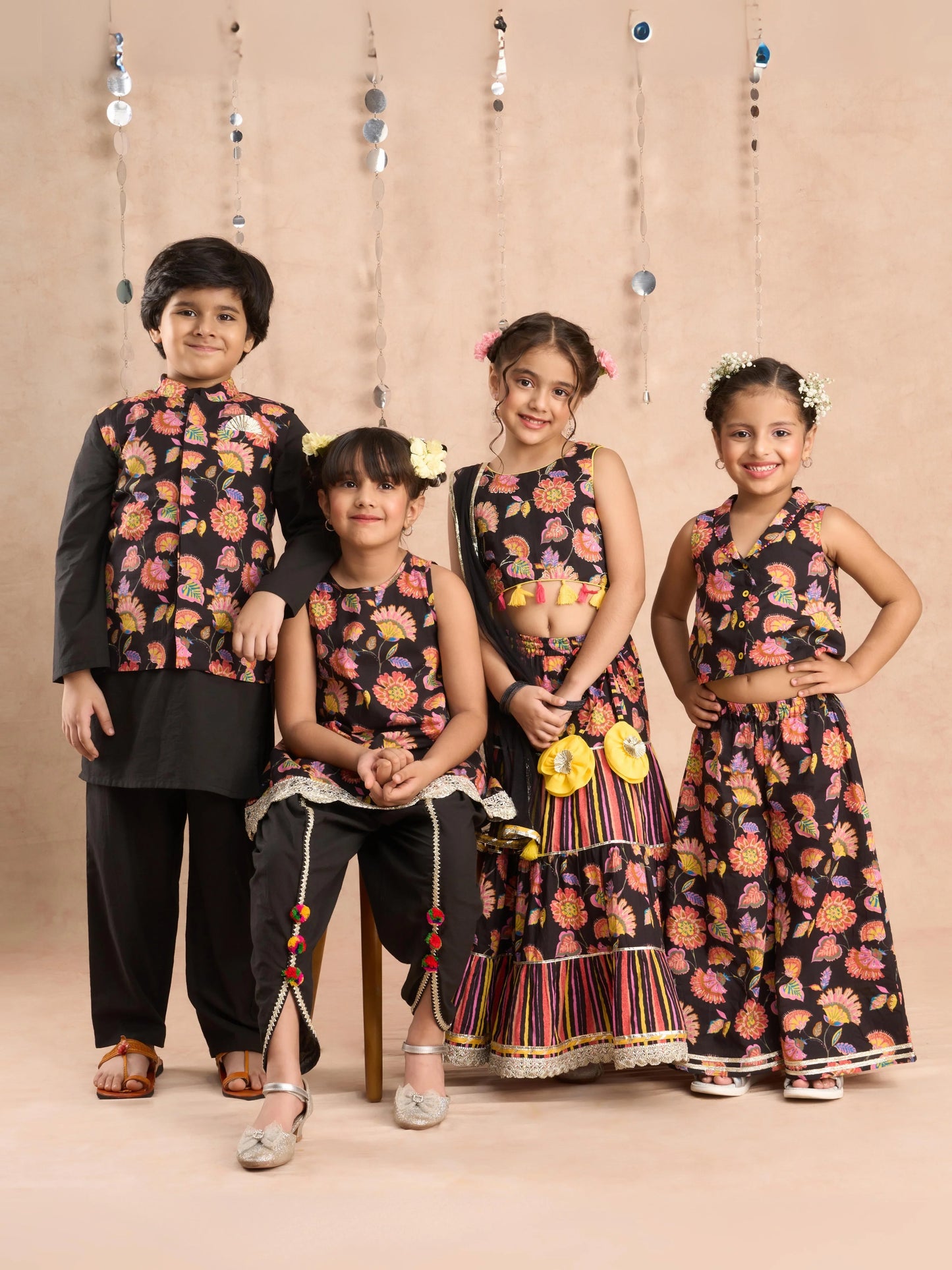 Girl- Black Floral Print Lehanga Choli with Dupatta