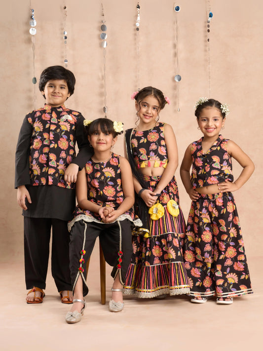 Girl- Black Floral Print Lehanga Choli with Dupatta