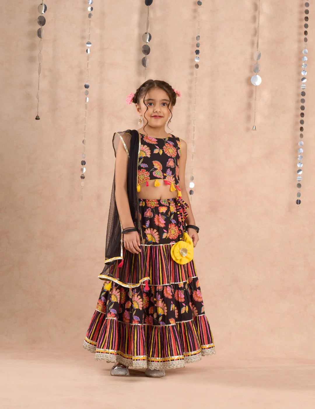 Girl- Black Floral Print Lehanga Choli with Dupatta