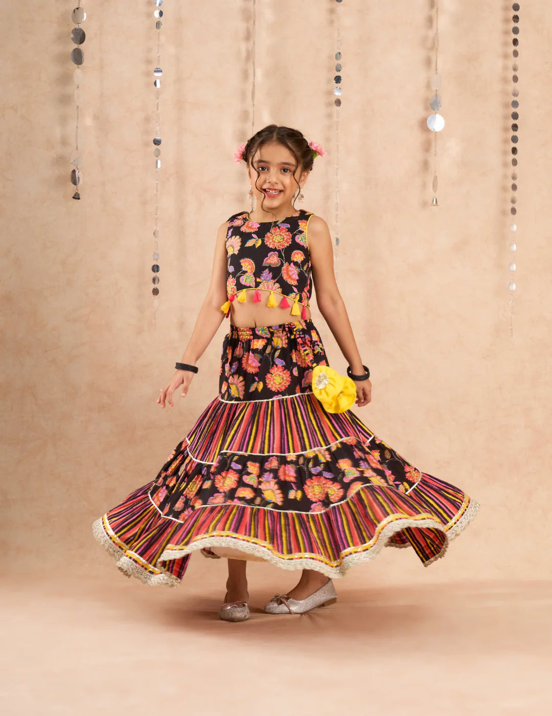 Girl- Black Floral Print Lehanga Choli with Dupatta