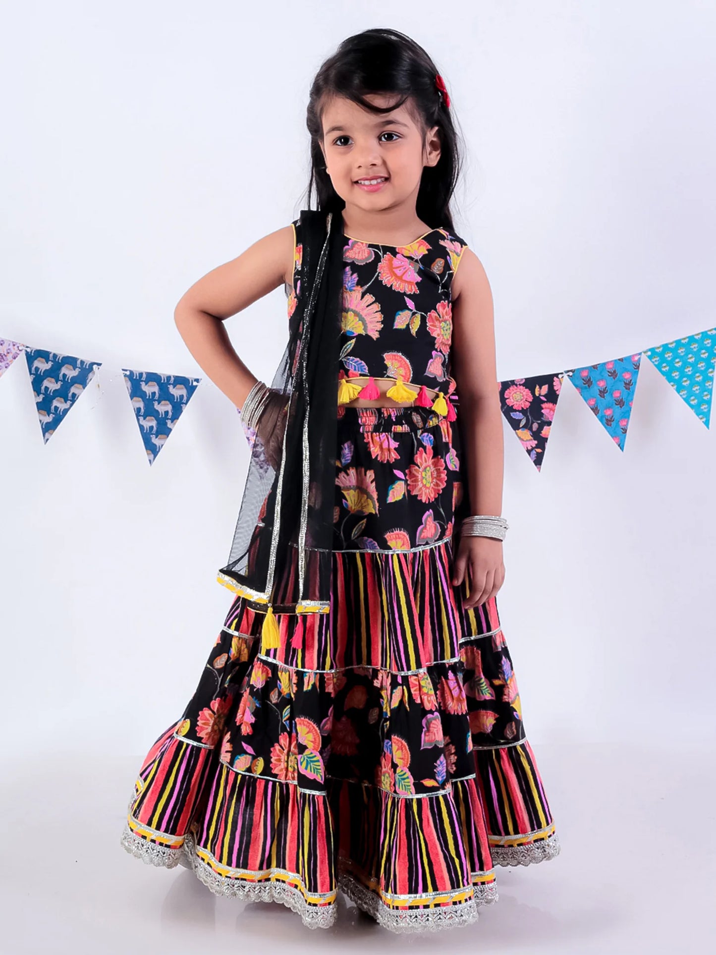 Girl- Black Floral Print Lehanga Choli with Dupatta