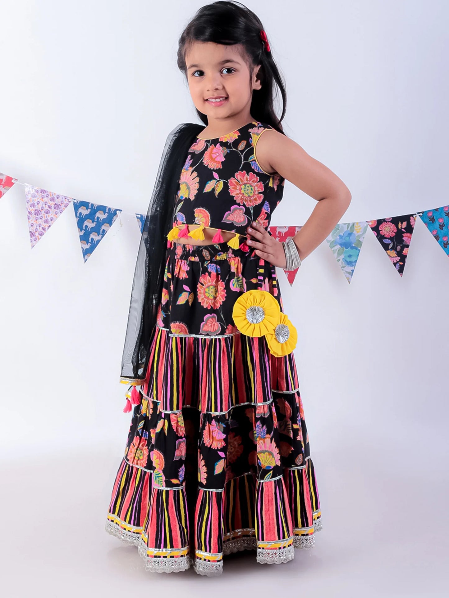 Girl- Black Floral Print Lehanga Choli with Dupatta