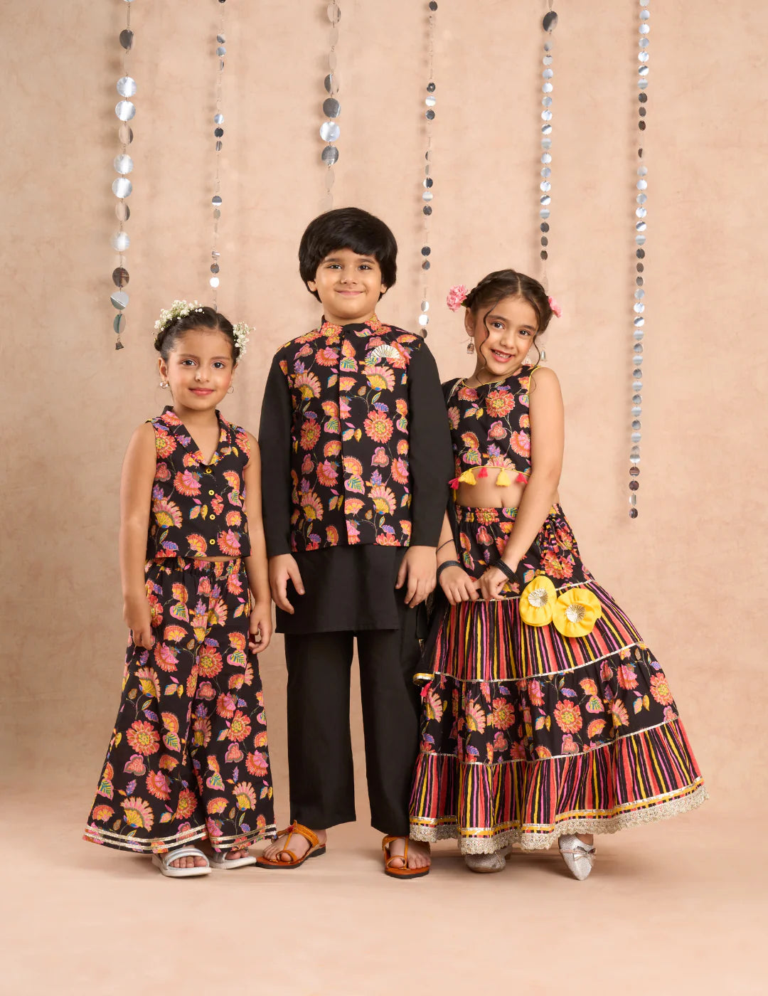 Girl- Black Floral Print Lehanga Choli with Dupatta