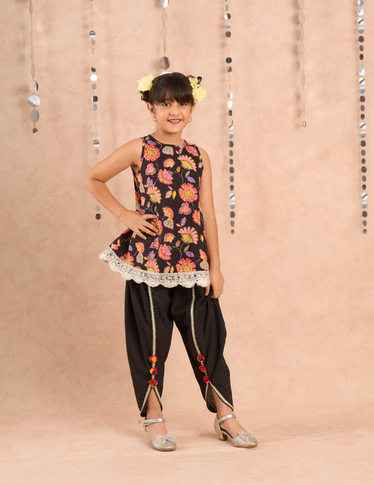 Girl - Black Floral Print Kurta with Dhoti