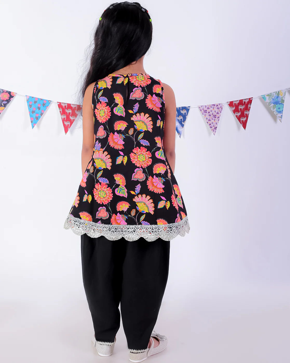 Girl - Black Floral Print Kurta with Dhoti