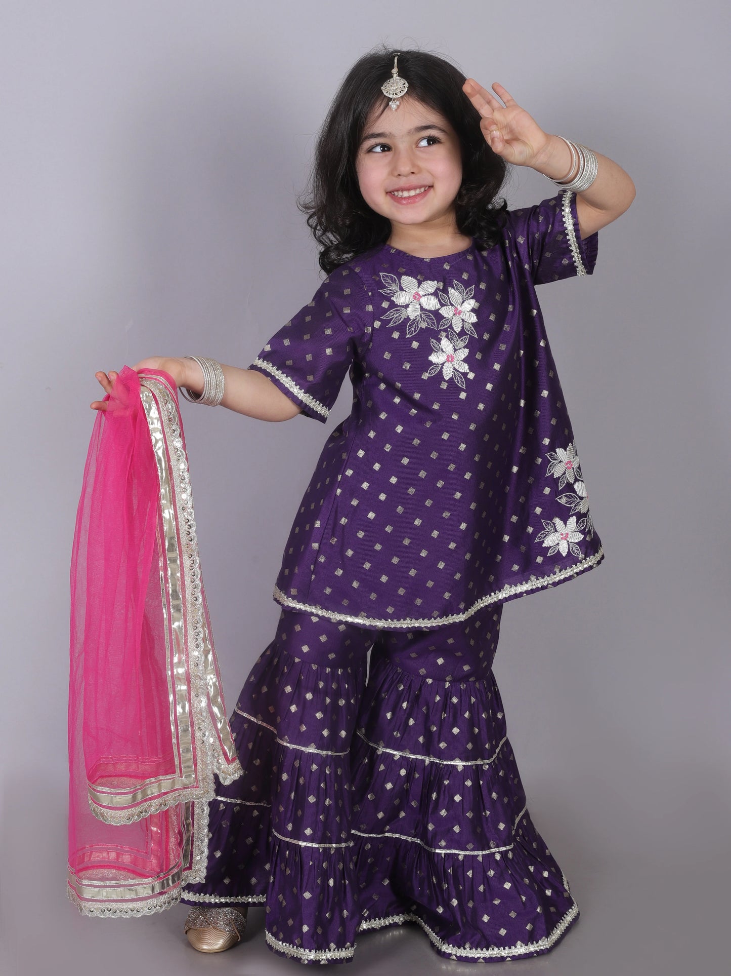 Girl - Purple Gotta Lace work Sharara Set with Pink Dupatta