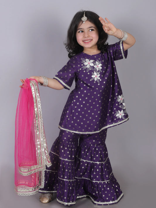 Girl - Purple Gotta Lace work Sharara Set with Pink Dupatta