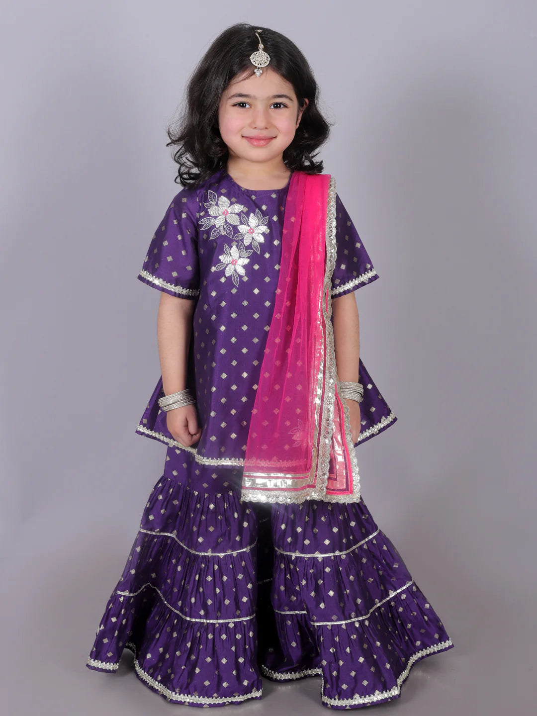 Girl - Purple Gotta Lace work Sharara Set with Pink Dupatta