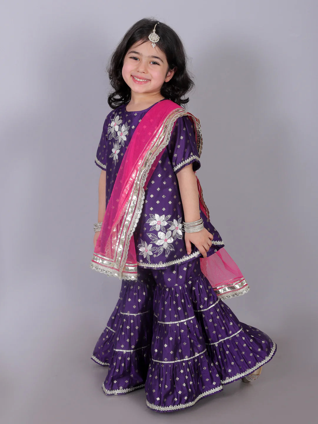 Girl - Purple Gotta Lace work Sharara Set with Pink Dupatta