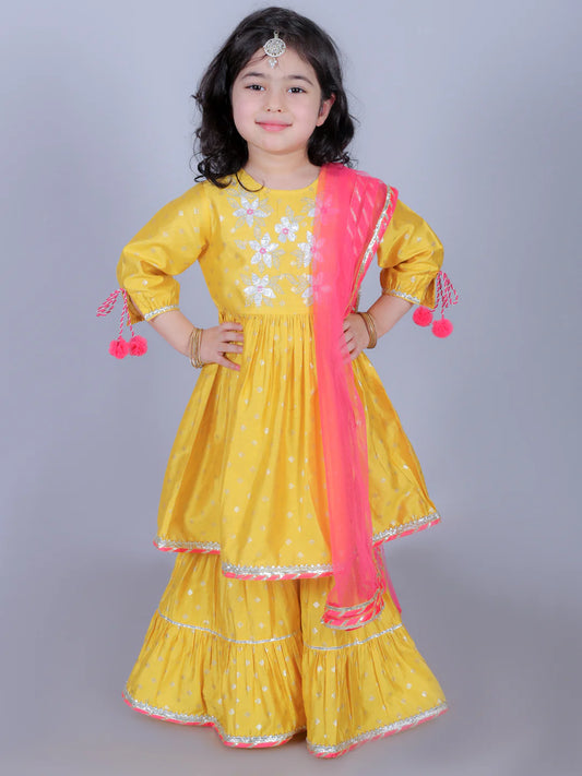 Girl - Yellow Sharara Set with Gotta Lace and Pink Dupatta