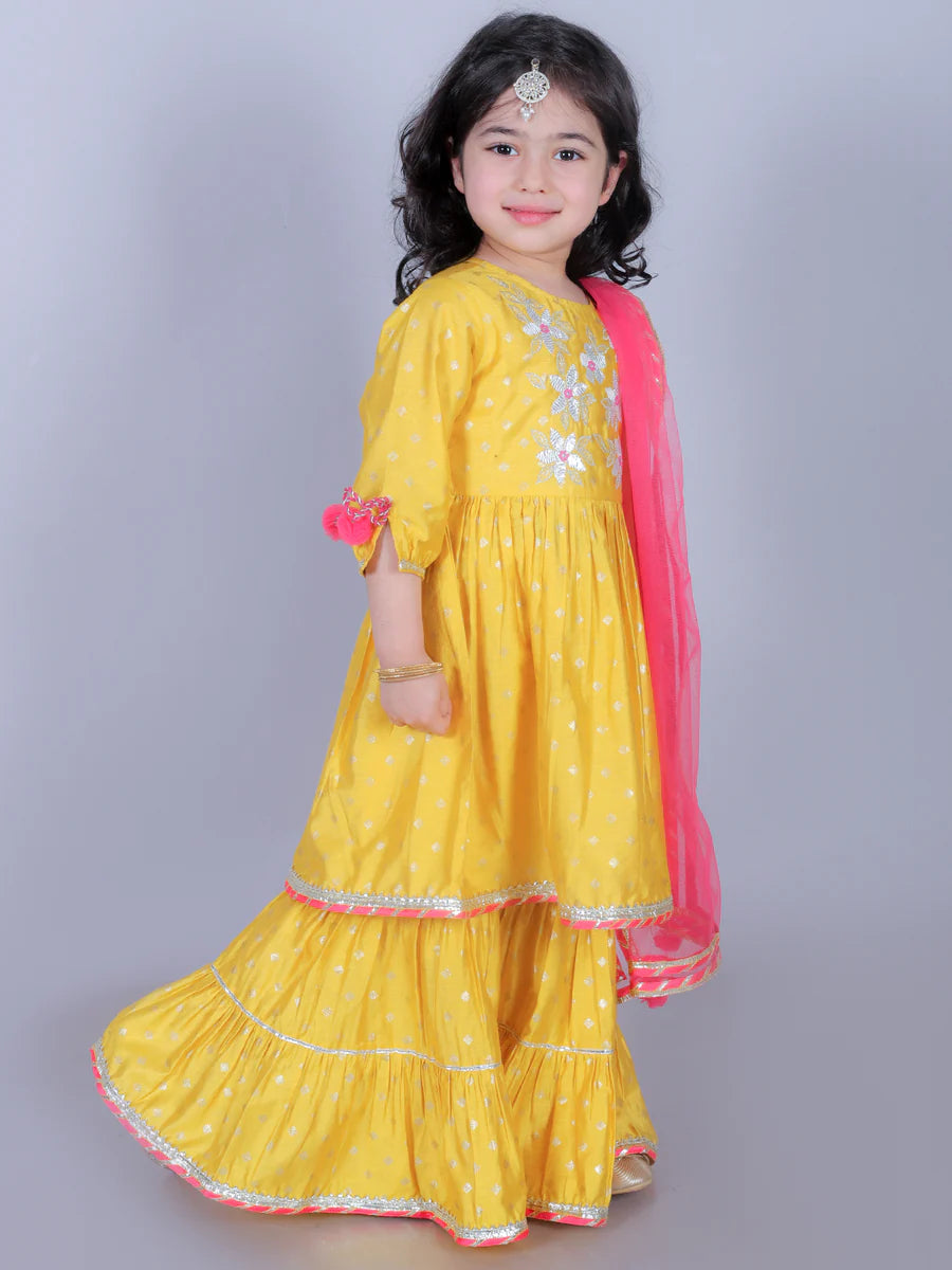 Girl - Yellow Sharara Set with Gotta Lace and Pink Dupatta