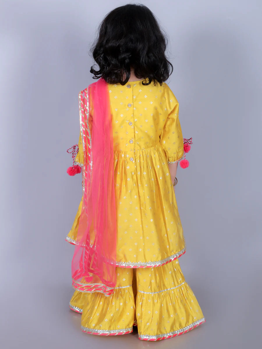 Girl - Yellow Sharara Set with Gotta Lace and Pink Dupatta