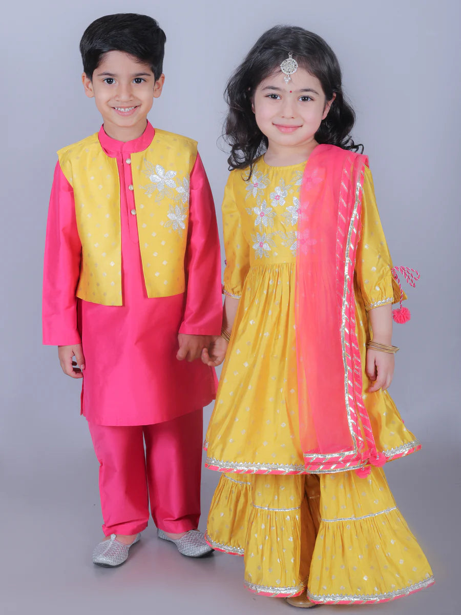 Girl - Yellow Sharara Set with Gotta Lace and Pink Dupatta