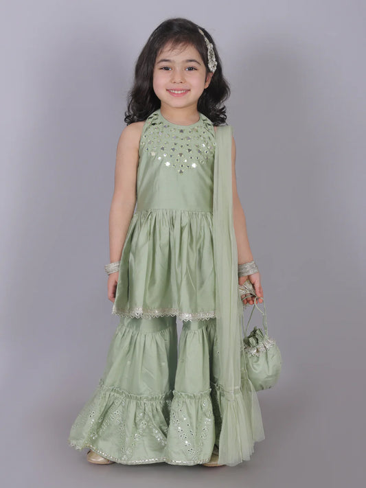 Girl - Green Mirror Work Kurta with Sharara
