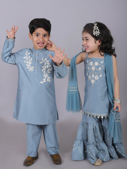 Girl - Blue Kurta with Sharara and Dupatta