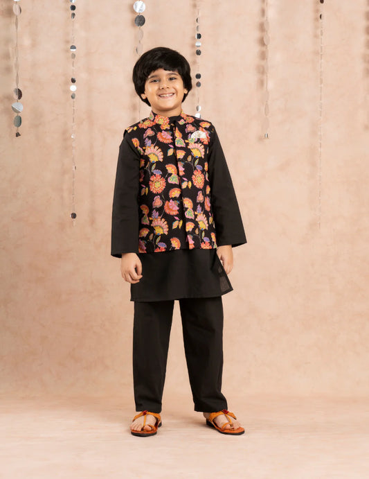 Boy- Black Kurta Pyjama with Floral Print Jacket