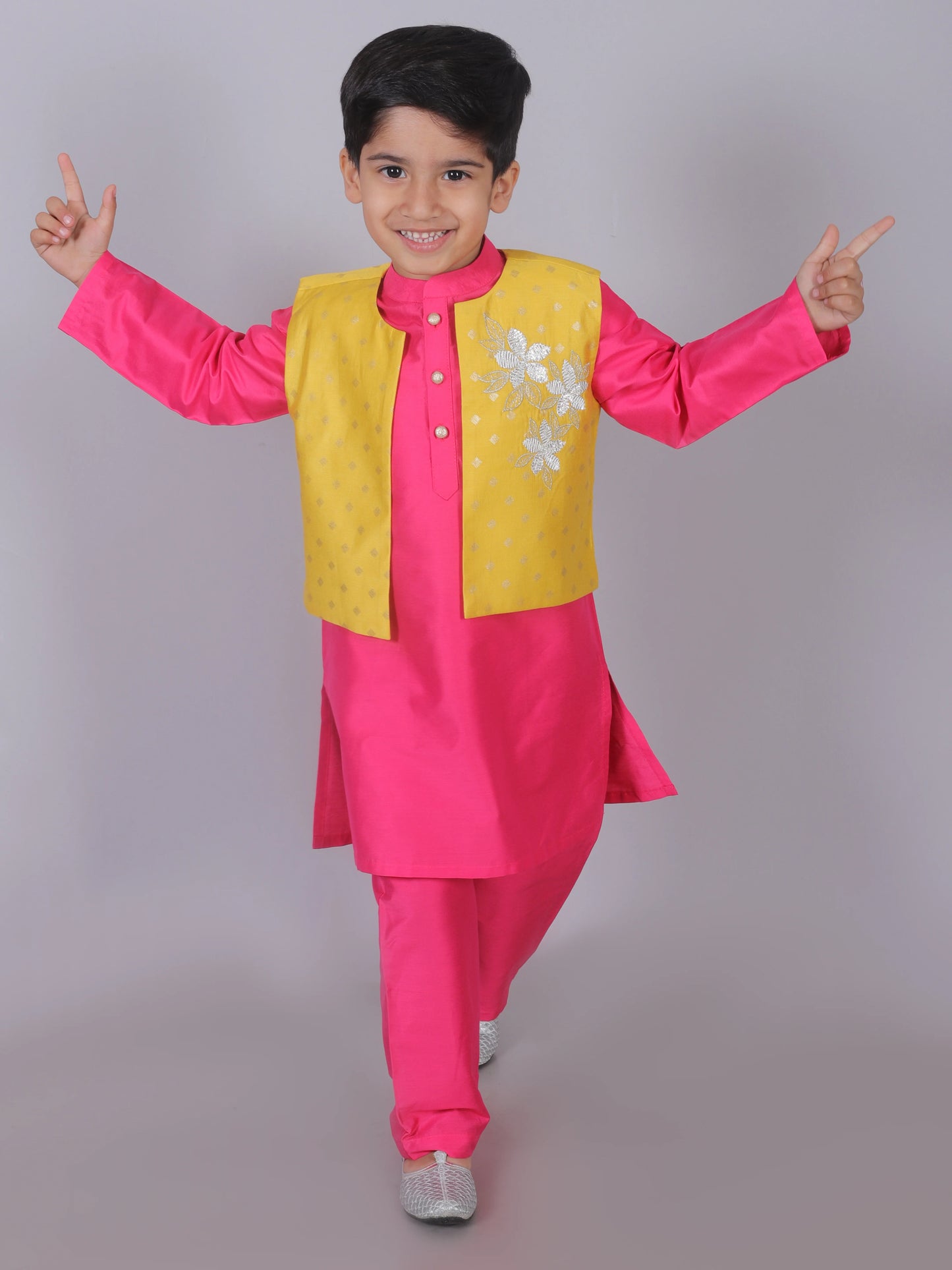 Boy- Pink Kurta Pyjama with Yellow Jacket
