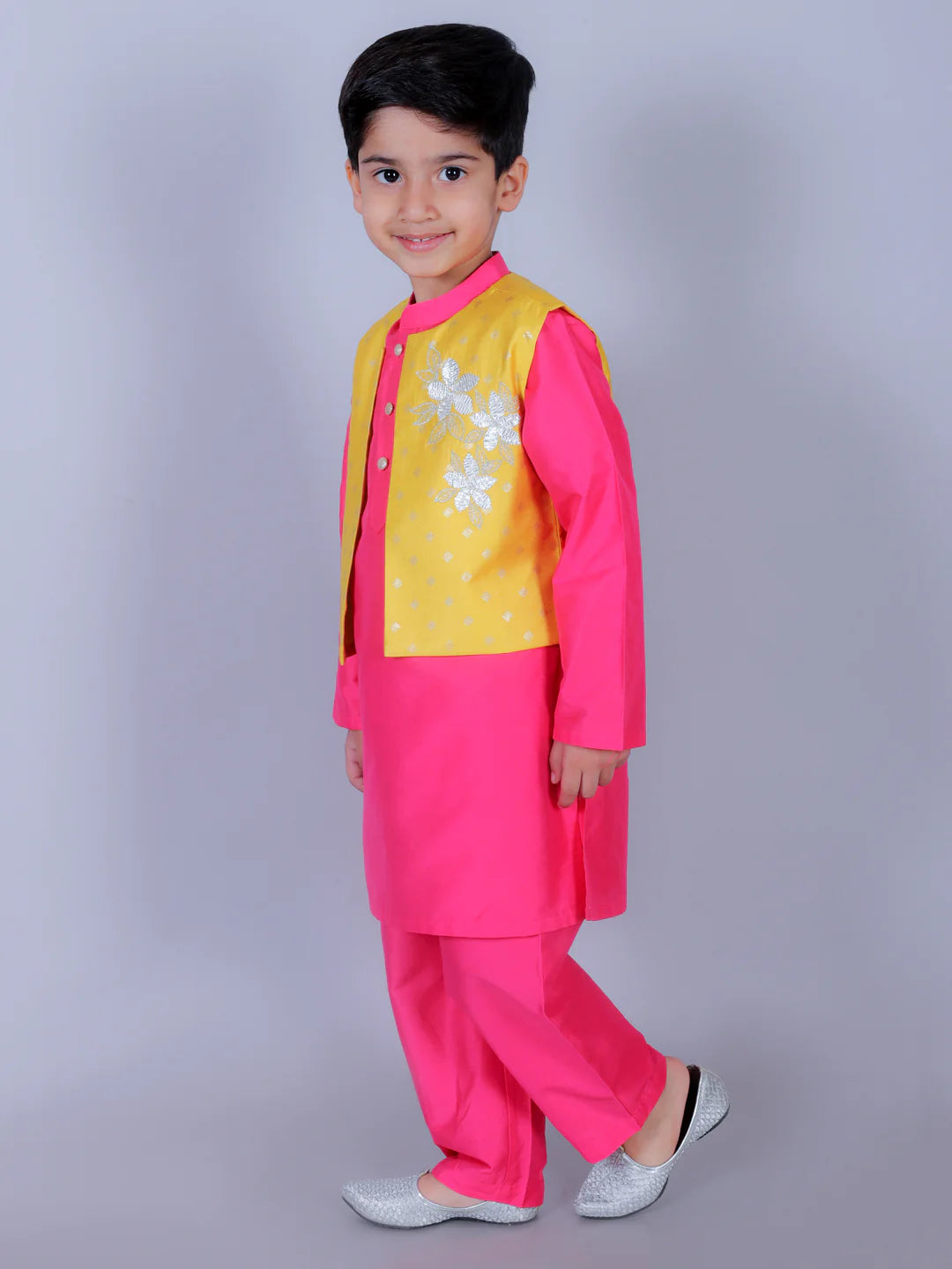 Boy- Pink Kurta Pyjama with Yellow Jacket