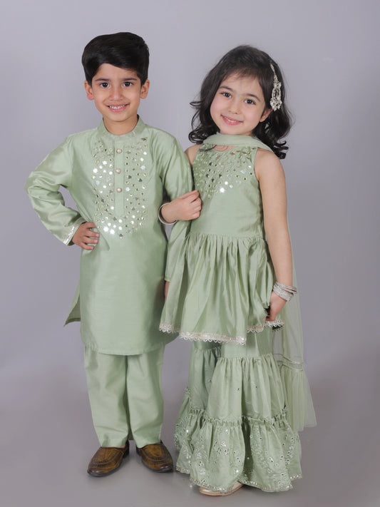 Boy - Green Kurta Pyjama with Mirror work