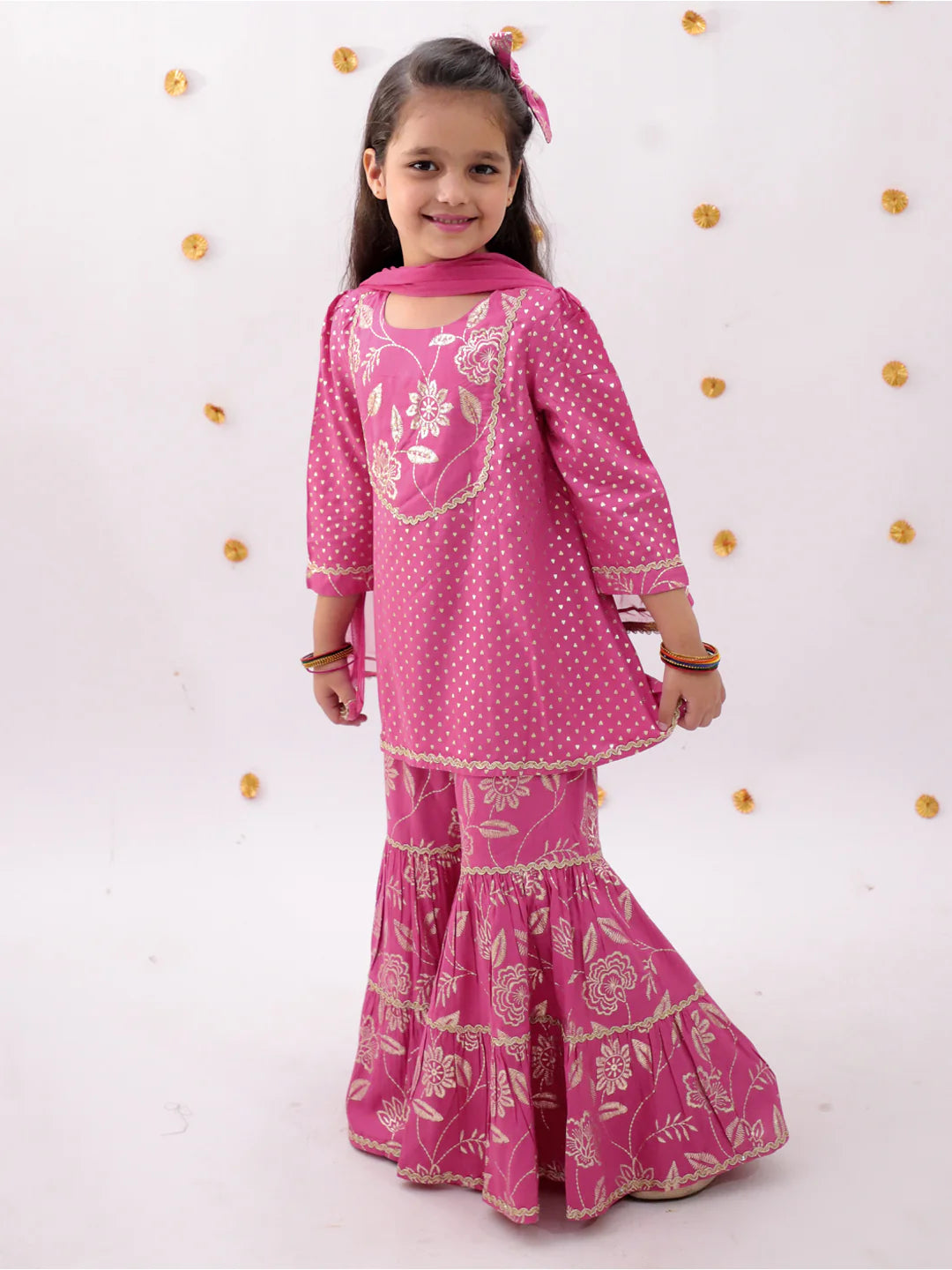 Girl - Pink Sharara Set with Golden Print with Dupatta