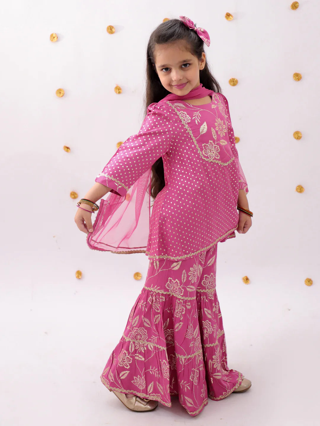 Girl - Pink Sharara Set with Golden Print with Dupatta