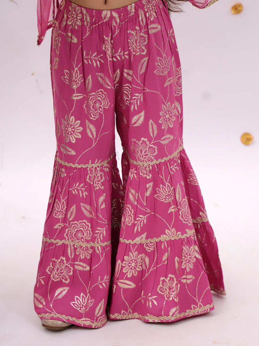 Girl - Pink Sharara Set with Golden Print with Dupatta