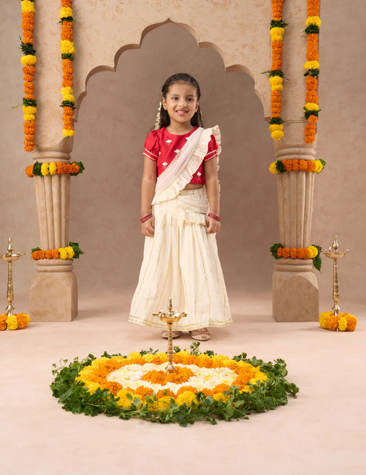 Girls - Off White Lehenga with Red Choli and Dupatta Set