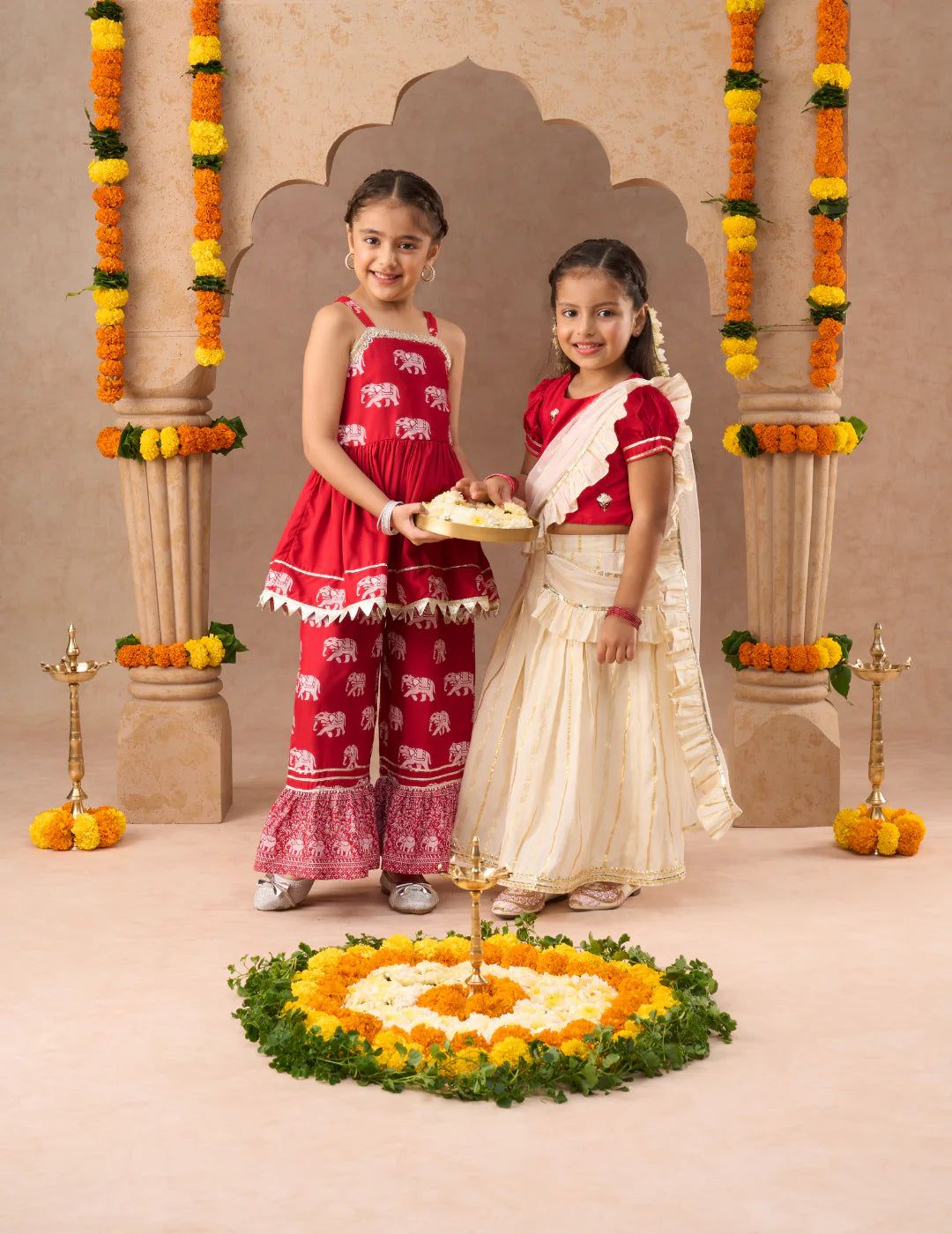 Girls - Off White Lehenga with Red Choli and Dupatta Set