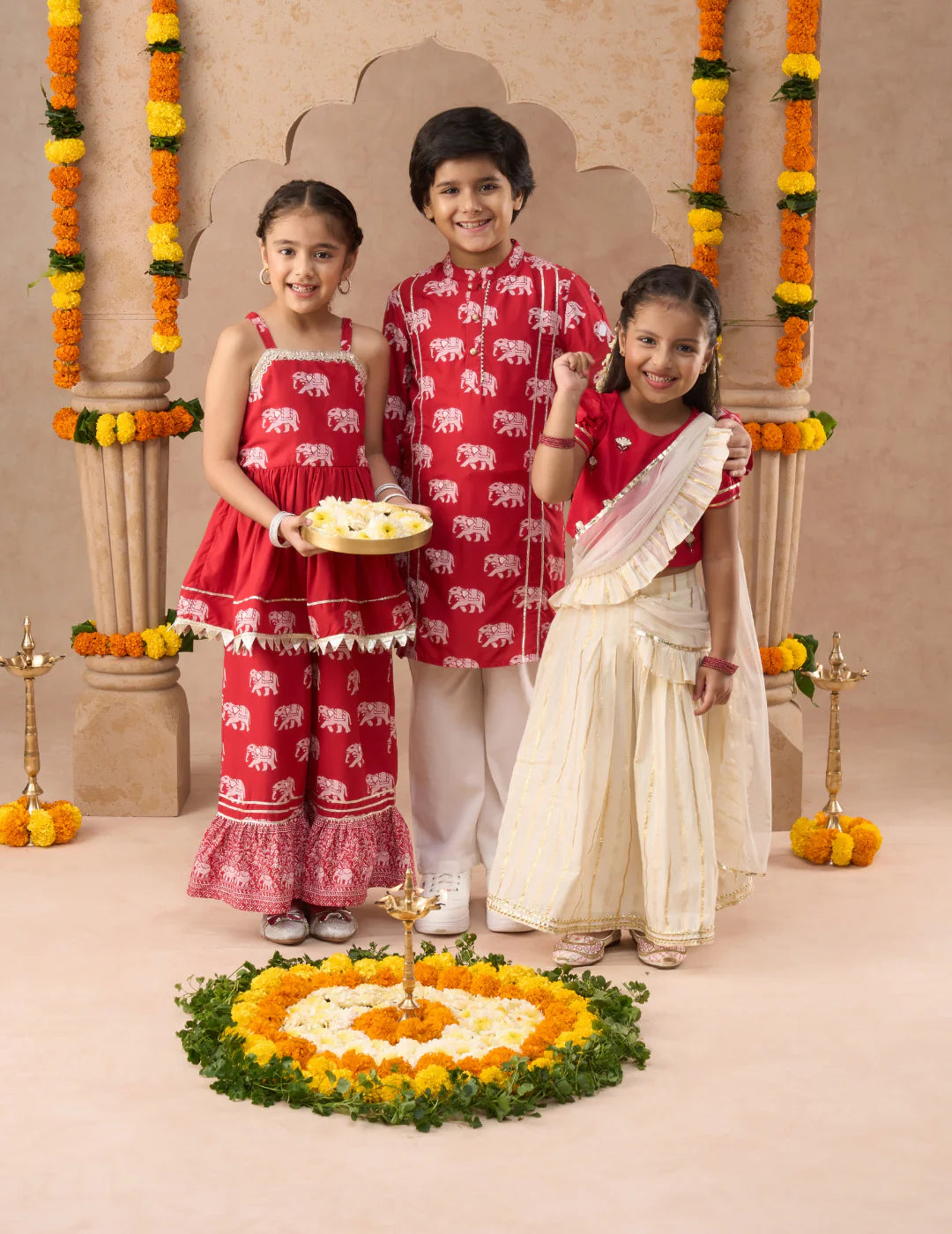 Girls - Off White Lehenga with Red Choli and Dupatta Set