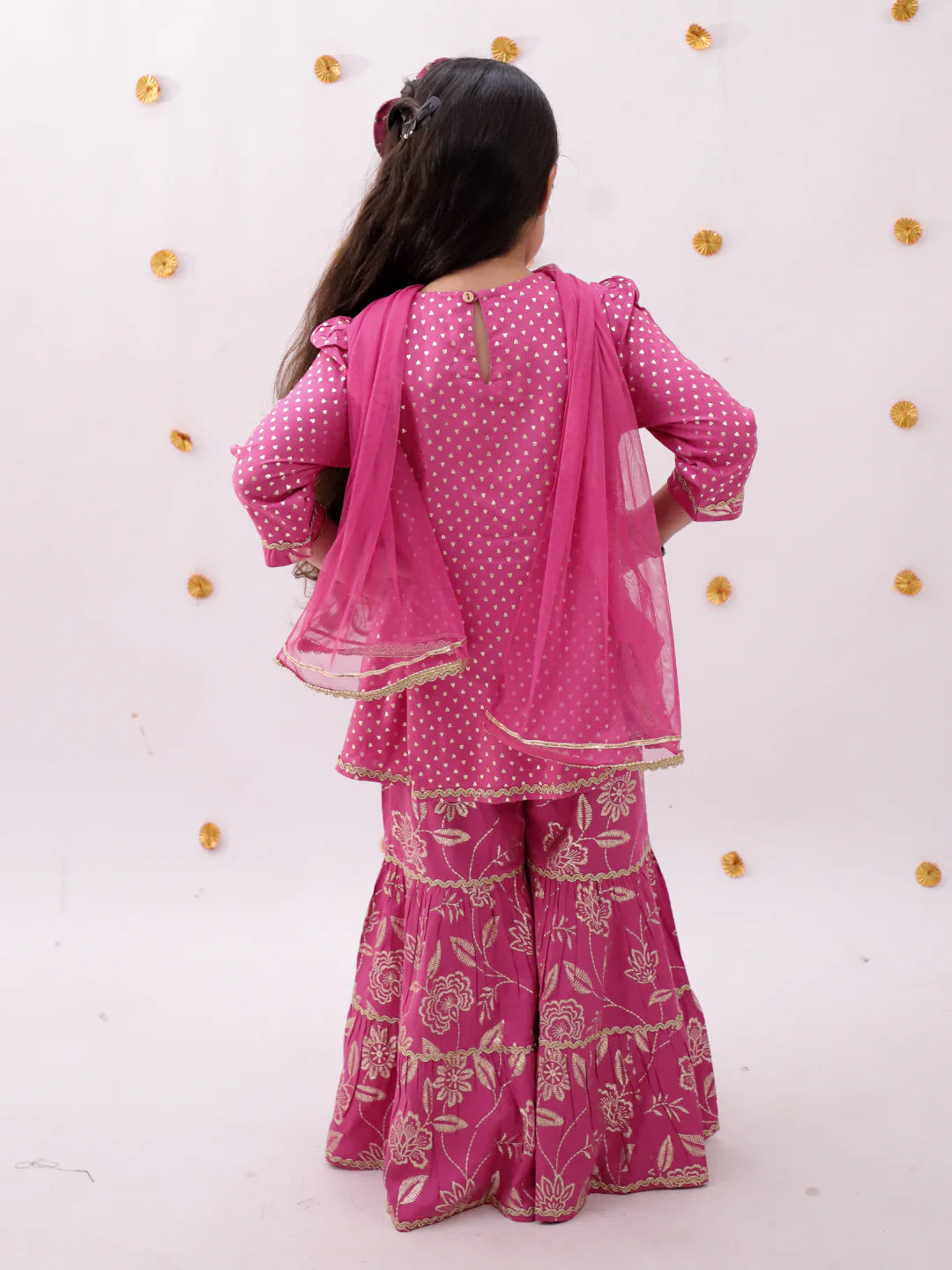 Girl - Pink Sharara Set with Golden Print with Dupatta