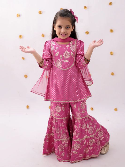 Girl - Pink Sharara Set with Golden Print with Dupatta
