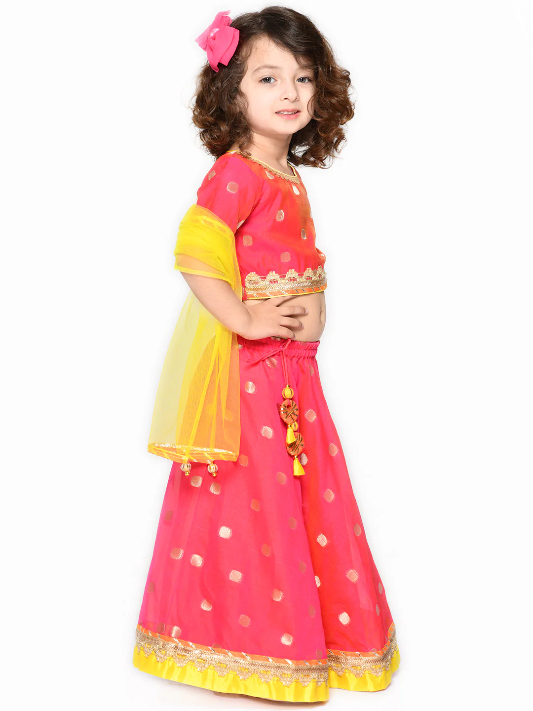 Girl - Pinkish Orange Lehanga Choli with Yellow Dupatta