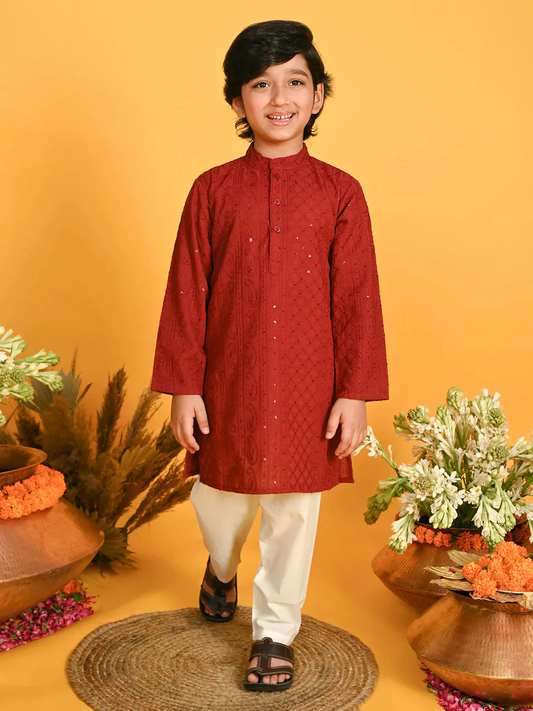 Boy - Maroon Embroidery Cotton Kurta Set