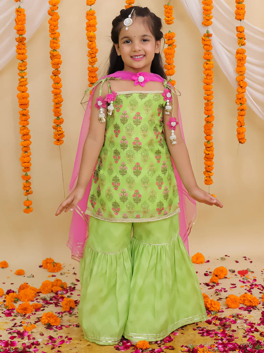 Girl - Mishti Green Kurta Sharara with Pink Dupatta