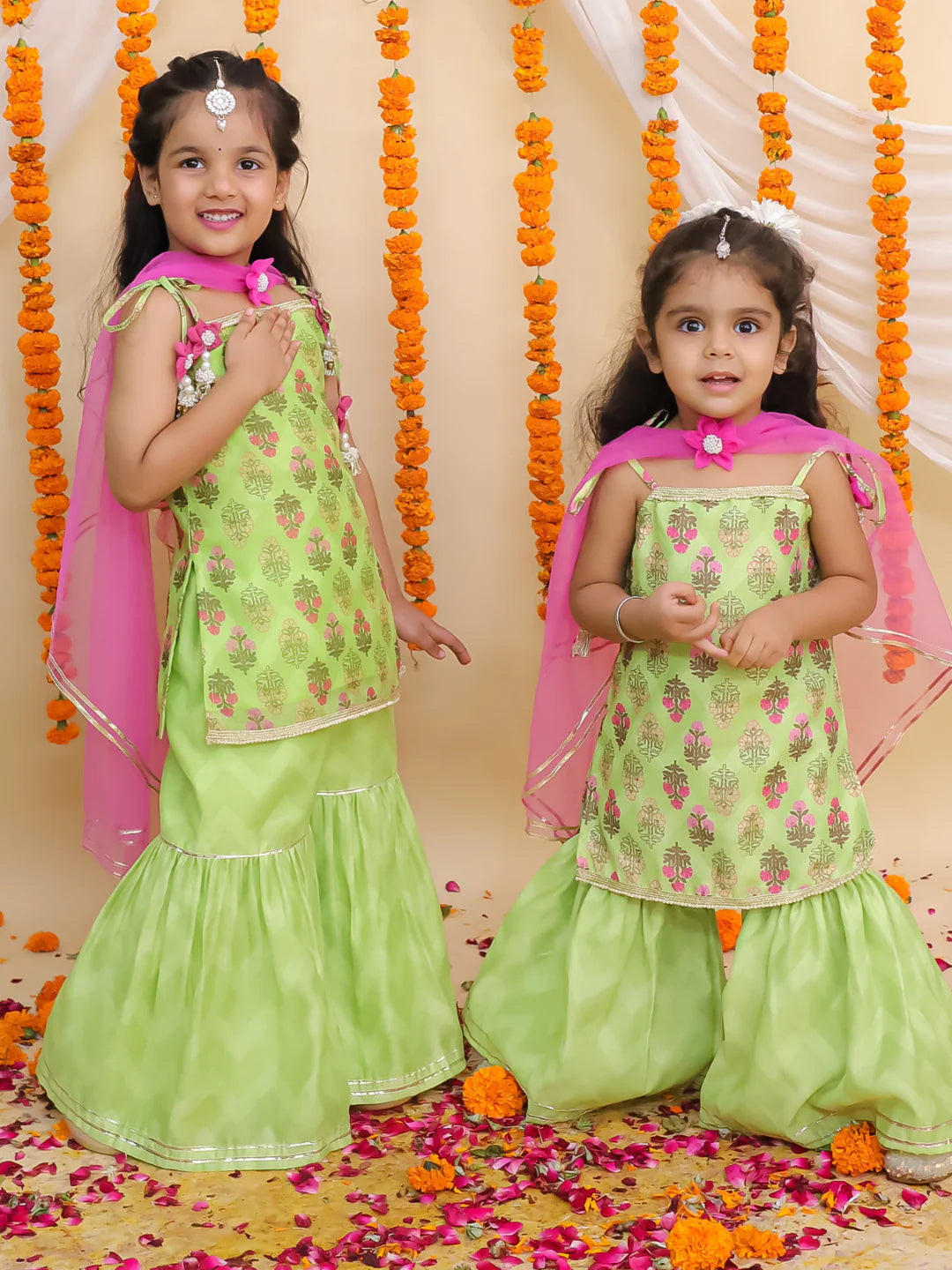 Girl - Mishti Green Kurta Sharara with Pink Dupatta
