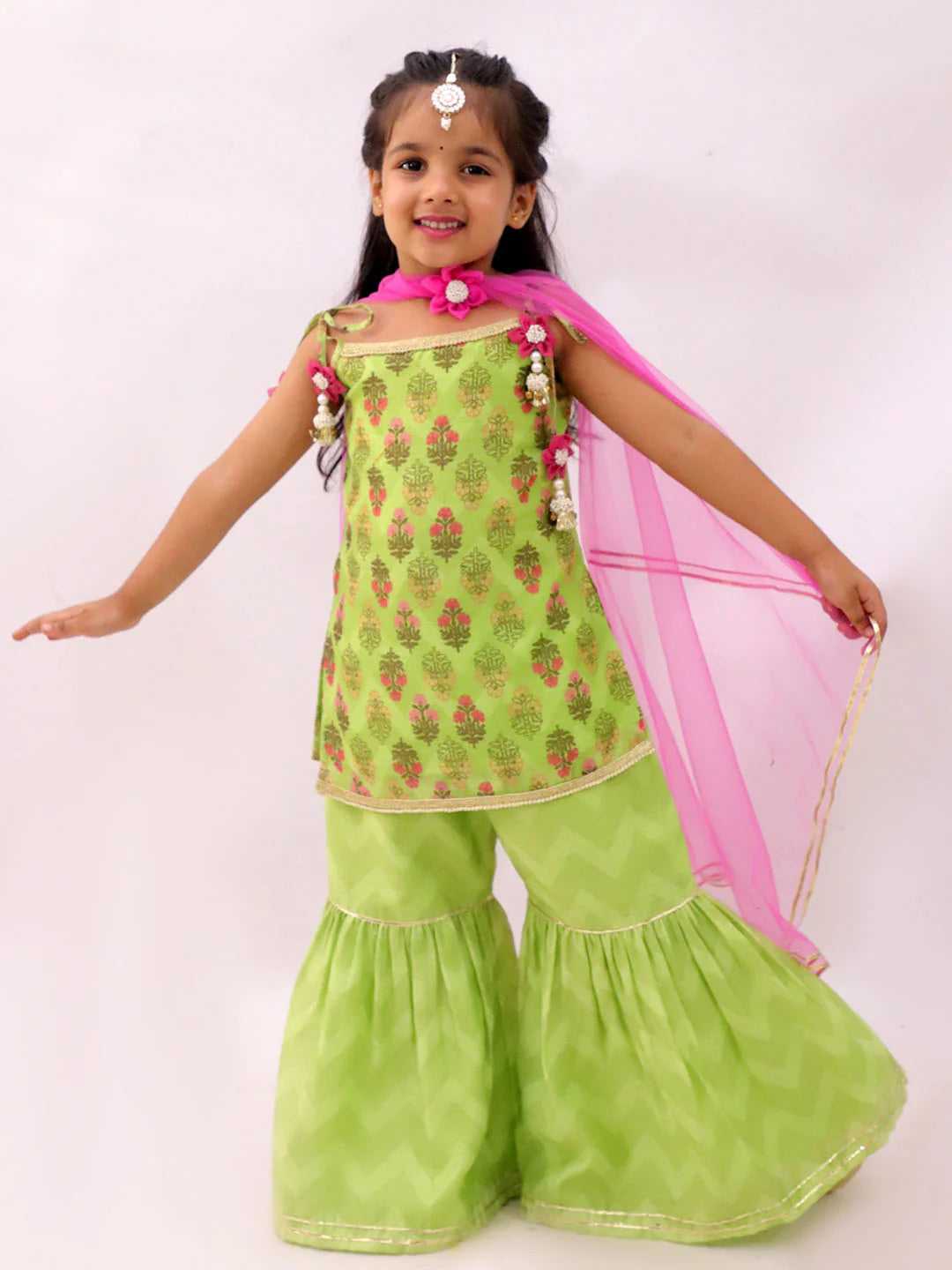 Girl - Mishti Green Kurta Sharara with Pink Dupatta