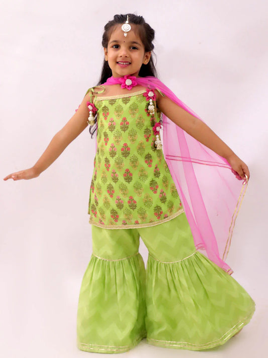 Girl - Mishti Green Kurta Sharara with Pink Dupatta