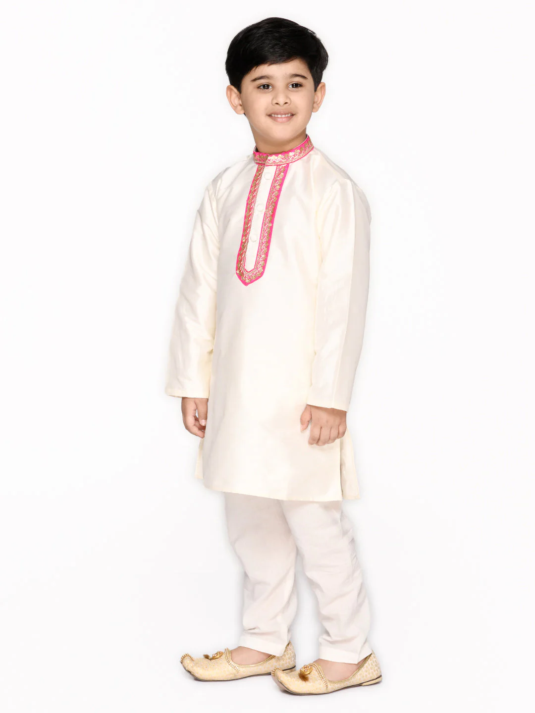 Boy - Offwhite & Pink Raw Silk (with Cotton Lining) Kurta Set