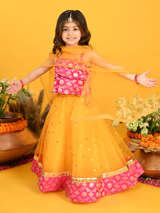 Girl - Orangish Yellow Lehanga With Sequence Work & Pink Choli