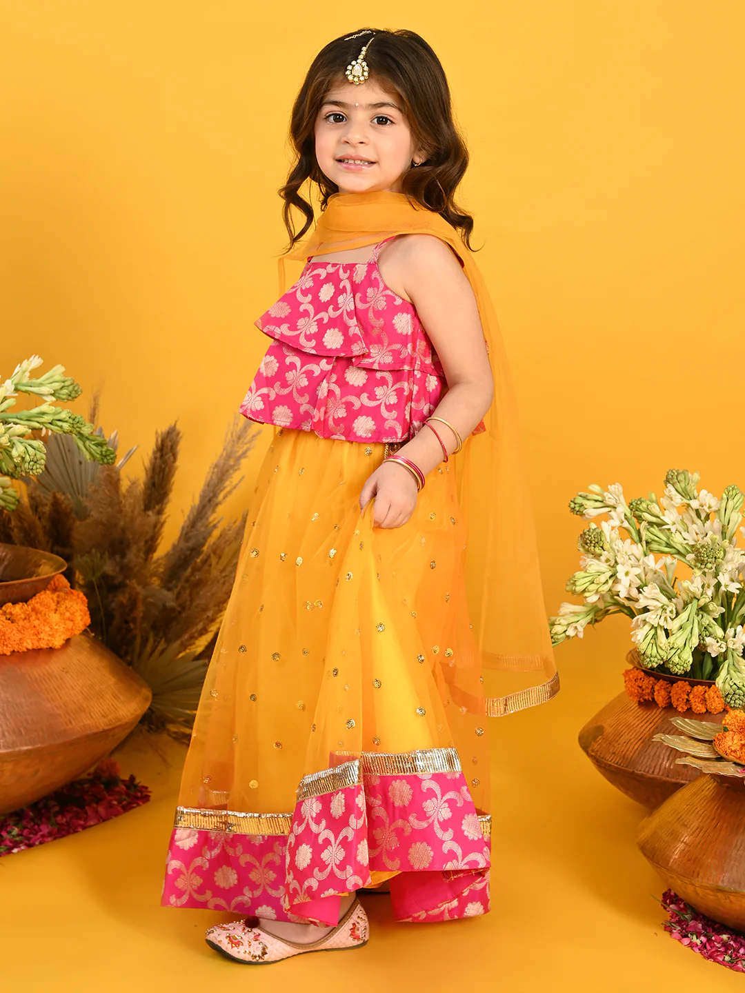 Girl - Orangish Yellow Lehanga With Sequence Work & Pink Choli