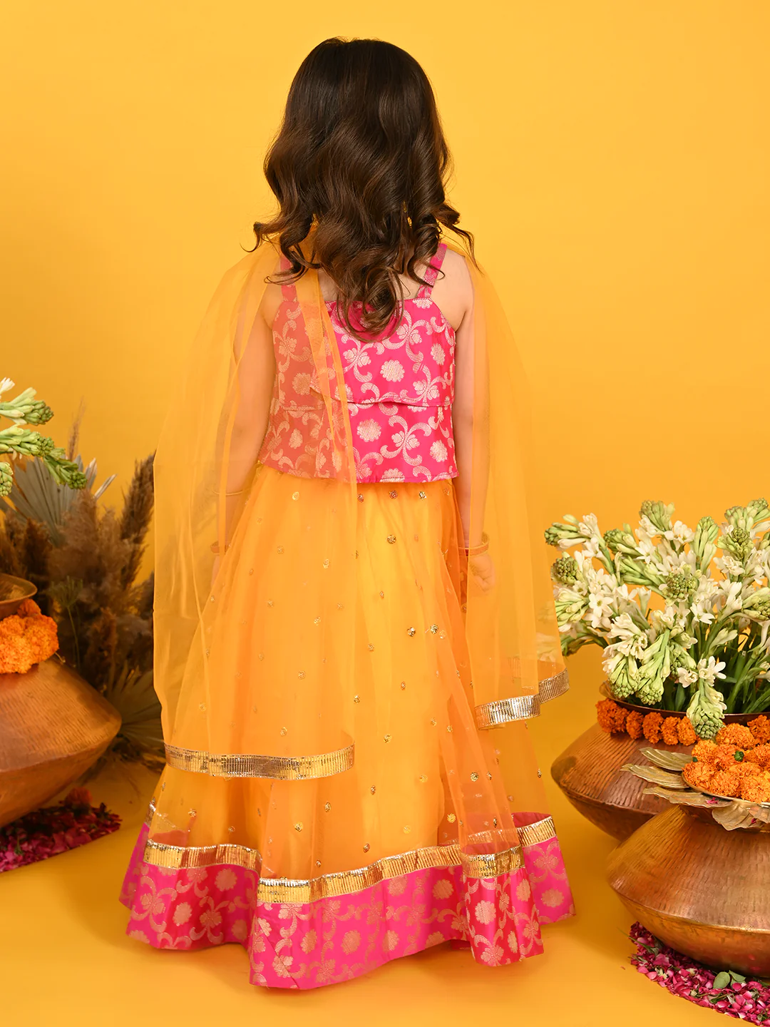 Girl - Orangish Yellow Lehanga With Sequence Work & Pink Choli