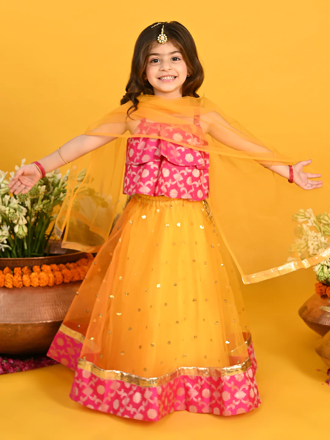 Girl - Orangish Yellow Lehanga With Sequence Work & Pink Choli
