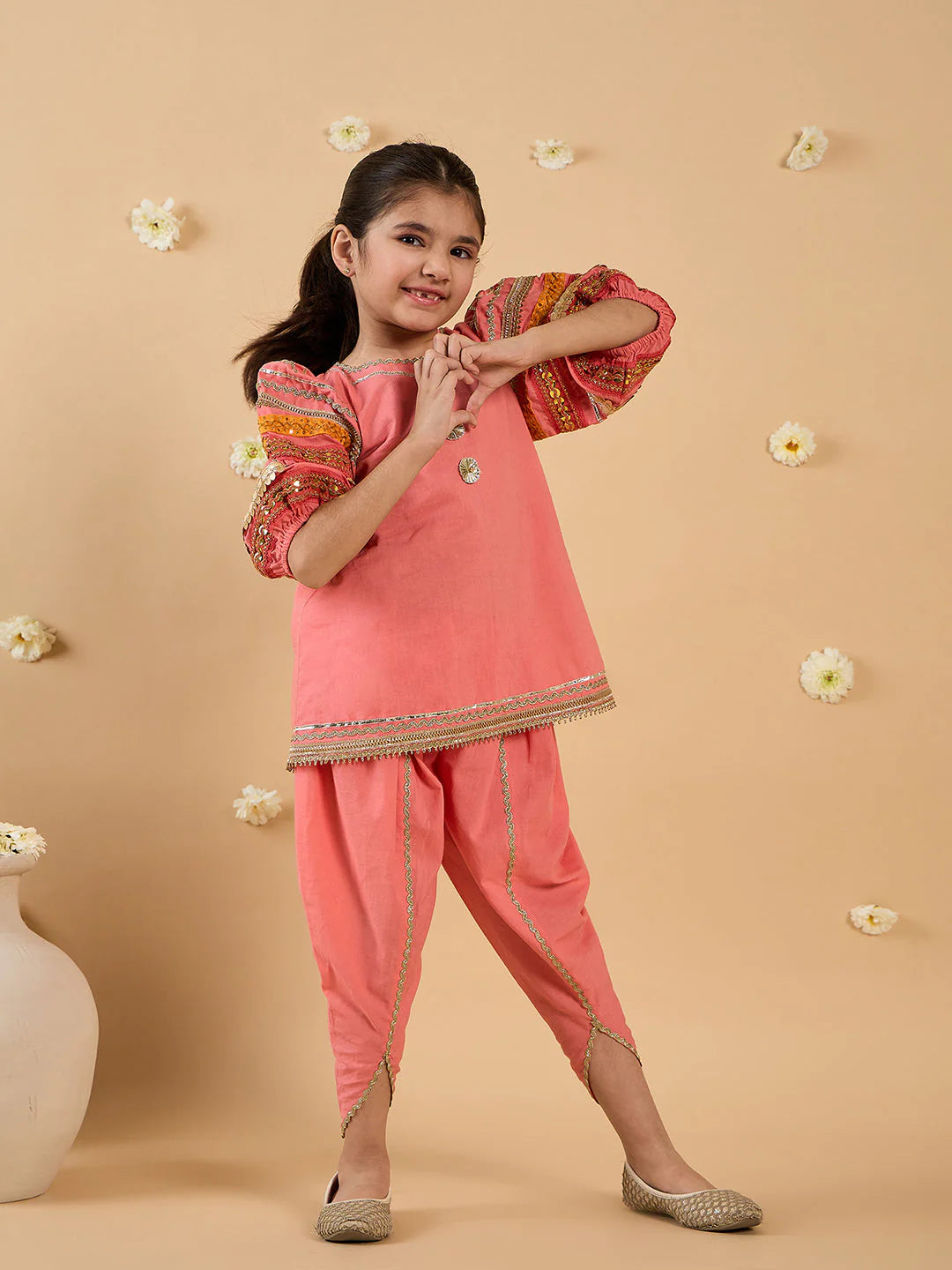 Girl Coral Embroidery Kurta And Dhoti Set