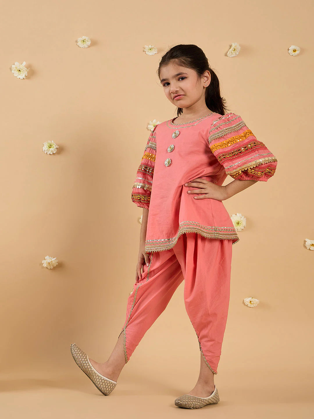 Girl Coral Embroidery Kurta And Dhoti Set